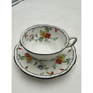 Royal Albert Crown China England Art Deco Flowers Teacup & Saucer '20s backstamp